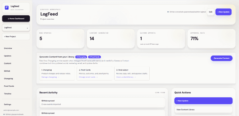 Logfeed product dashboard preview